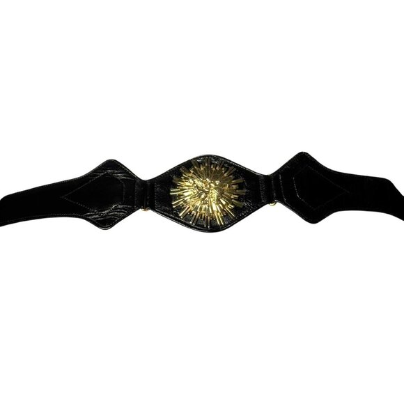 Womens Vintage 1980s Black Leather wide Statement Belt Gold Medallion Size XS - Picture 2 of 12